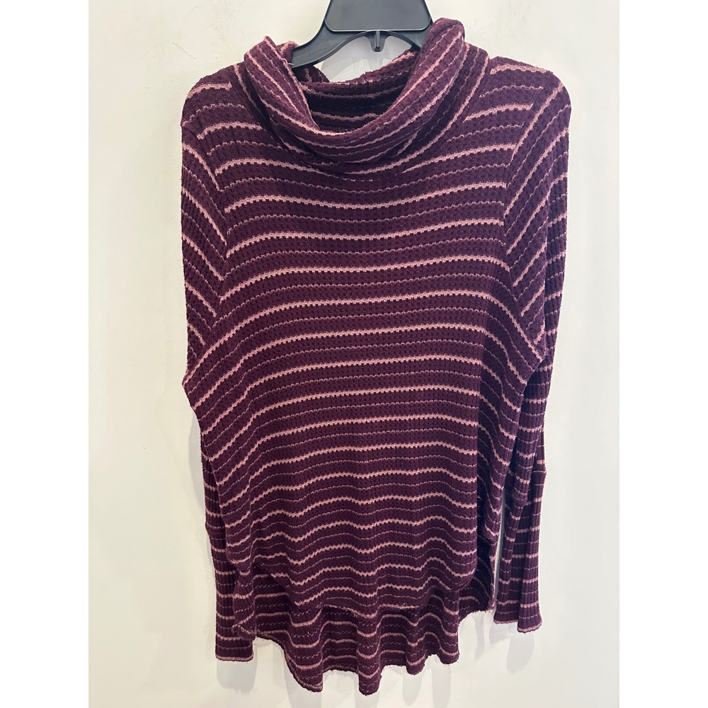 Free People Burgundy Striped Waffle Knit Cowl Neck Thermal Tunic Top Size Small